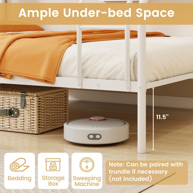 Twin over full bunk bed in white with ample under-bed space for storage and easy access ladder, ideal for small rooms.