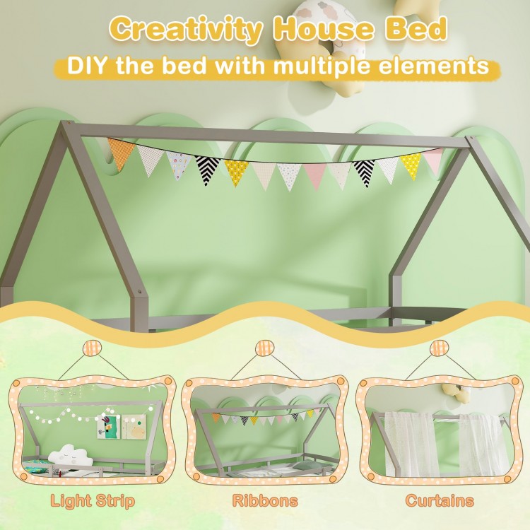 Twin house bed in gray with DIY elements like light strips and ribbons, perfect for a child's room and sleepovers.