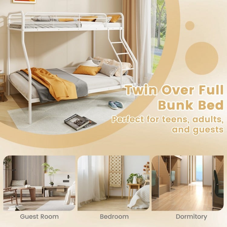 Twin over full bunk bed in white with ladder and guardrails, ideal for teens and guests in small rooms.