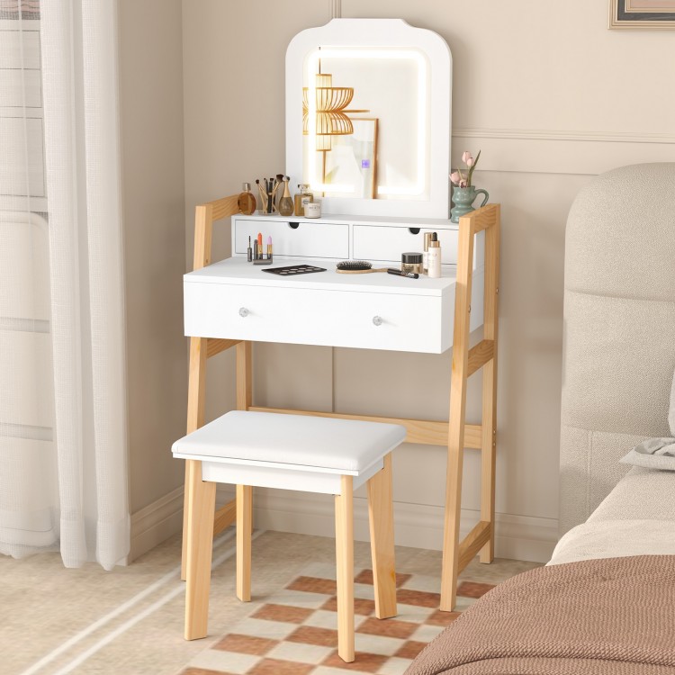 Adjustable height vanity desk set in white with 3-color LED mirror, drawers, and padded stool for versatile makeup use.