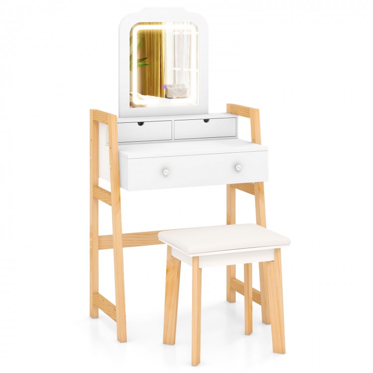 Adjustable height vanity desk set in white with LED mirror, 3 drawers, and padded stool for versatile makeup needs.