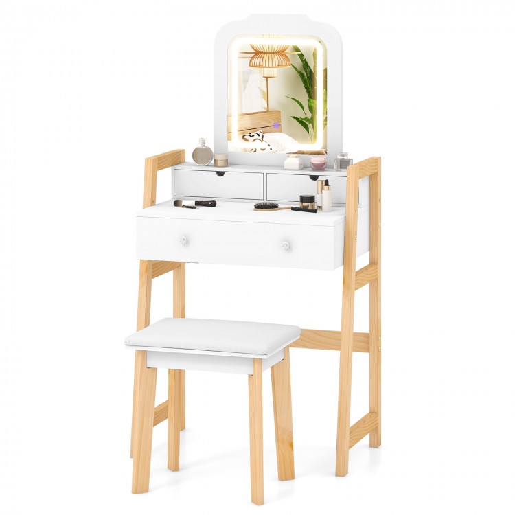 Vanity desk set featuring a sleek white finish and a 3-color LED mirror, perfect for creating a stylish makeup station.