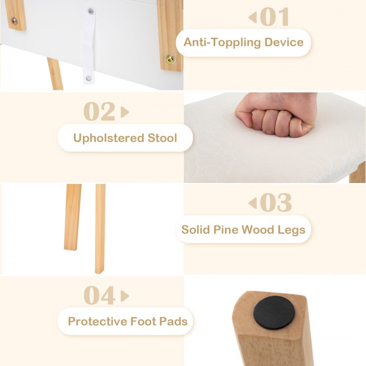 Upholstered stool with padded seat and solid pine wood legs, designed for the adjustable height vanity desk set.