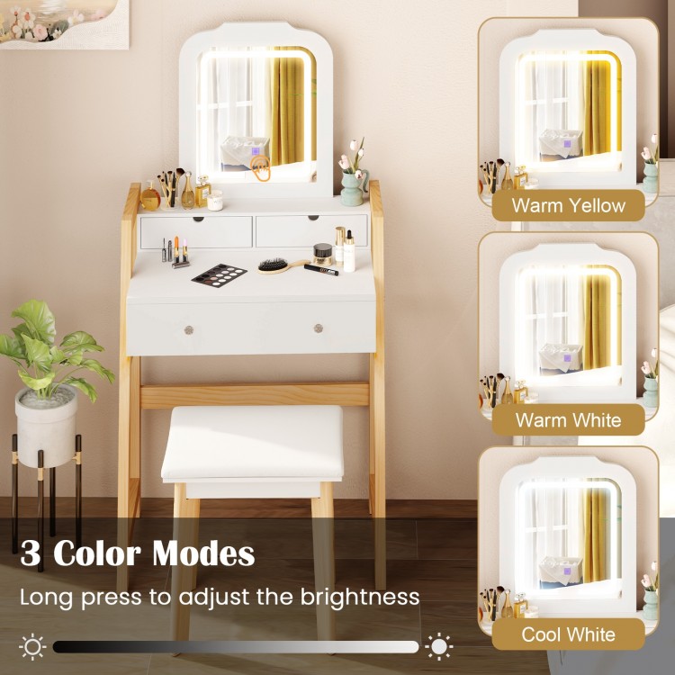 Adjustable height vanity desk set in white with 3-color LED mirror, drawers, and padded stool for versatile makeup.