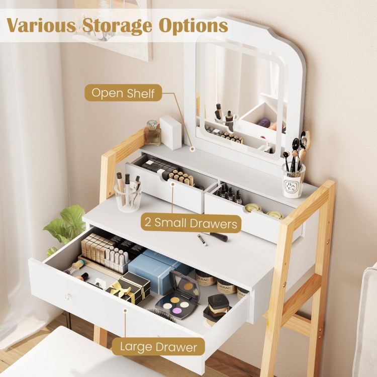 Adjustable height vanity desk set in white with LED mirror, open shelf, and 3 drawers for organized makeup storage.