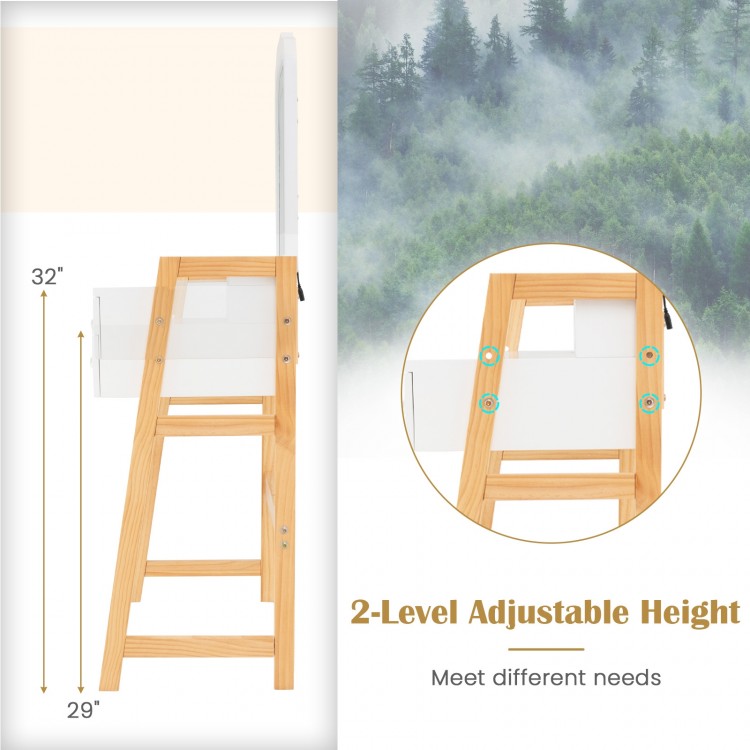 Adjustable height vanity desk set in white with 3-color LED mirror, solid pine wood, and 3 drawers for versatile use.