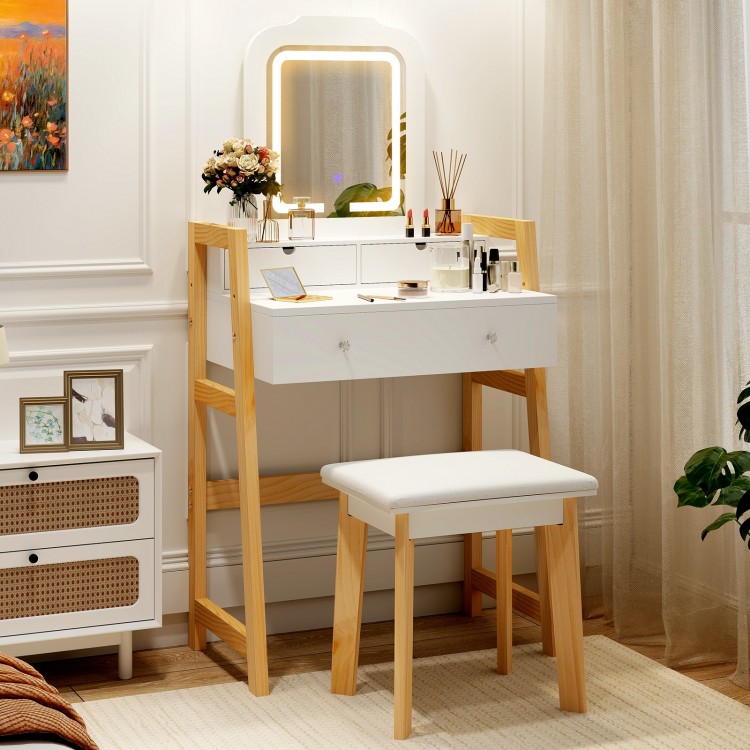 Adjustable height vanity desk set in white with LED mirror, three drawers, and padded stool for versatile makeup use.