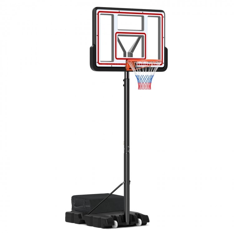 Portable basketball hoop with adjustable height, 44" shatter-resistant backboard, suitable for indoor and outdoor use.