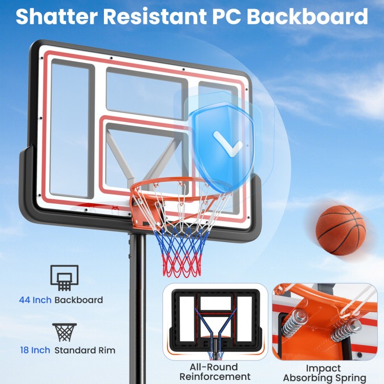 44-inch shatter-resistant PC basketball backboard with adjustable height and sturdy base for indoor and outdoor play.