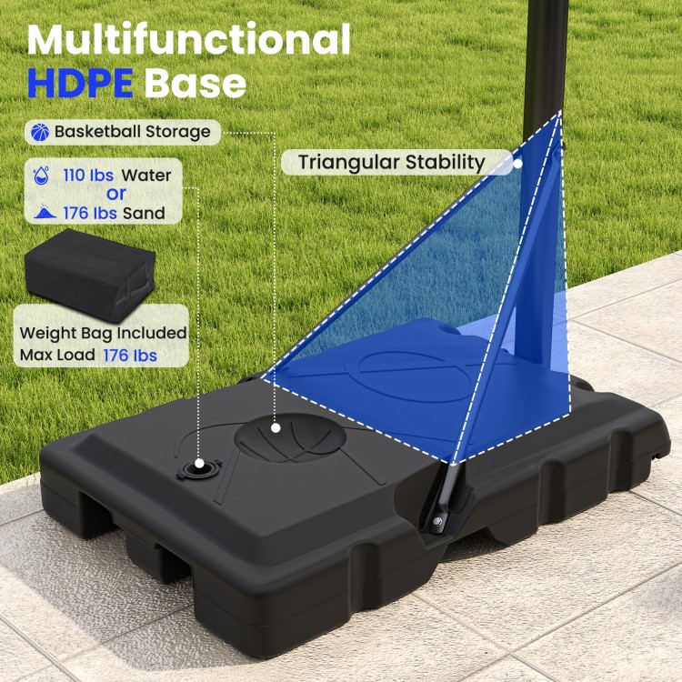 Fillable HDPE base for portable basketball hoop, featuring triangular stability and a 176 lbs max load for outdoor use.