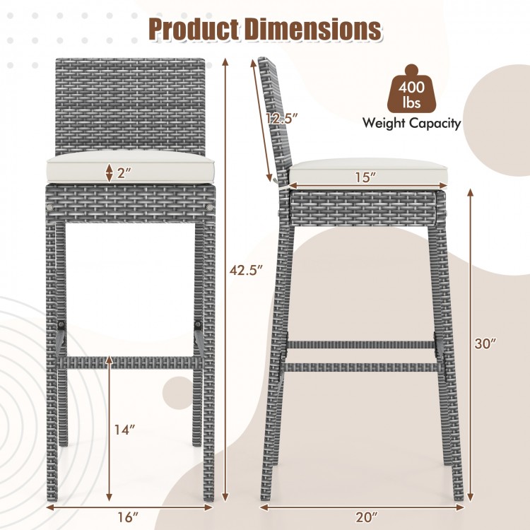 Patio wicker barstool dimensions showing 30" seat height, soft cushion, and cozy footrest for outdoor use.
