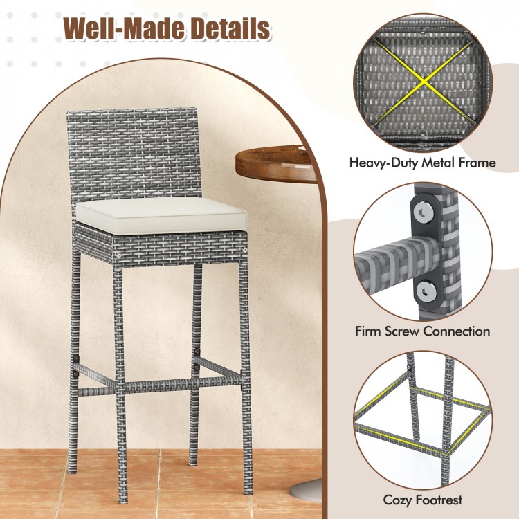 Patio wicker barstool with soft seat cushion, cozy footrest, and reinforced metal frame for outdoor use.