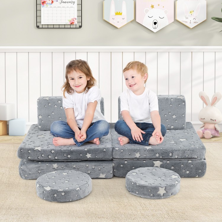 Modular kids play couch set in gray with glow-in-the-dark stars, ideal for lounging and imaginative play.