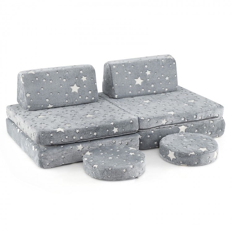 Modular kids play couch set in gray with glow-in-the-dark stars, convertible for lounging, climbing, and play.