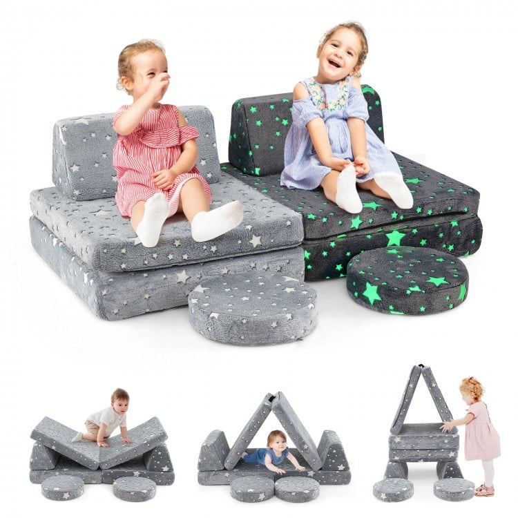 Modular kids play couch set in gray with glow-in-the-dark stars, perfect for lounging and imaginative play.