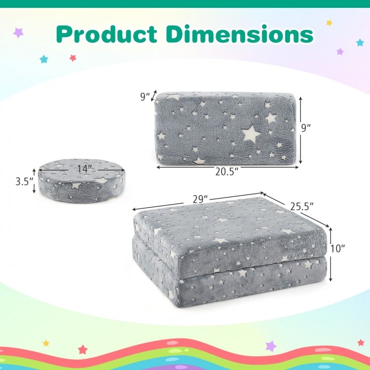 Modular kids play couch set in gray with glow-in-the-dark stars, featuring dimensions for versatile use as a couch or.