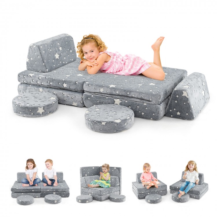 Modular kids play couch set in gray with glow-in-the-dark stars, convertible into various shapes for fun and comfort.