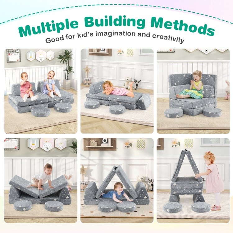 Modular kids play couch set in gray, featuring glow-in-the-dark patterns, versatile configurations for imaginative play.