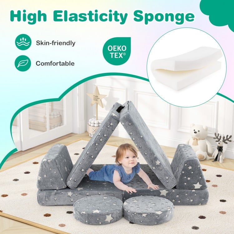 Modular kids play couch set in gray, featuring soft flannel fabric and high elasticity sponge for comfort and safety.