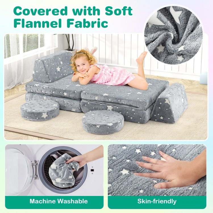 Modular kids play couch set in gray with glow-in-the-dark stars, featuring soft flannel fabric for comfort and safety.