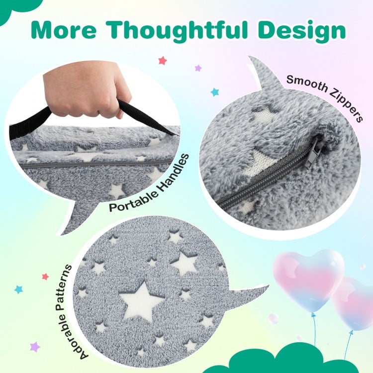 Gray modular kids play couch set with portable handles and smooth zippers, featuring glow-in-the-dark star patterns.