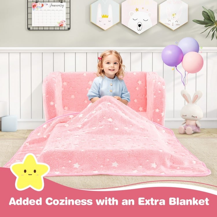 Cozy pink 2-in-1 folding kids couch with blanket, featuring soft flannel and glow-in-the-dark design for added comfort.
