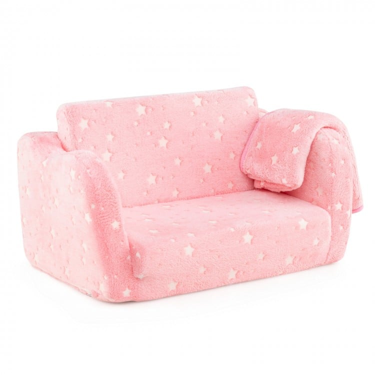 Pink 2-in-1 folding kids couch with blanket, soft flannel cover, ergonomic design, glows in the dark for cozy playtime.