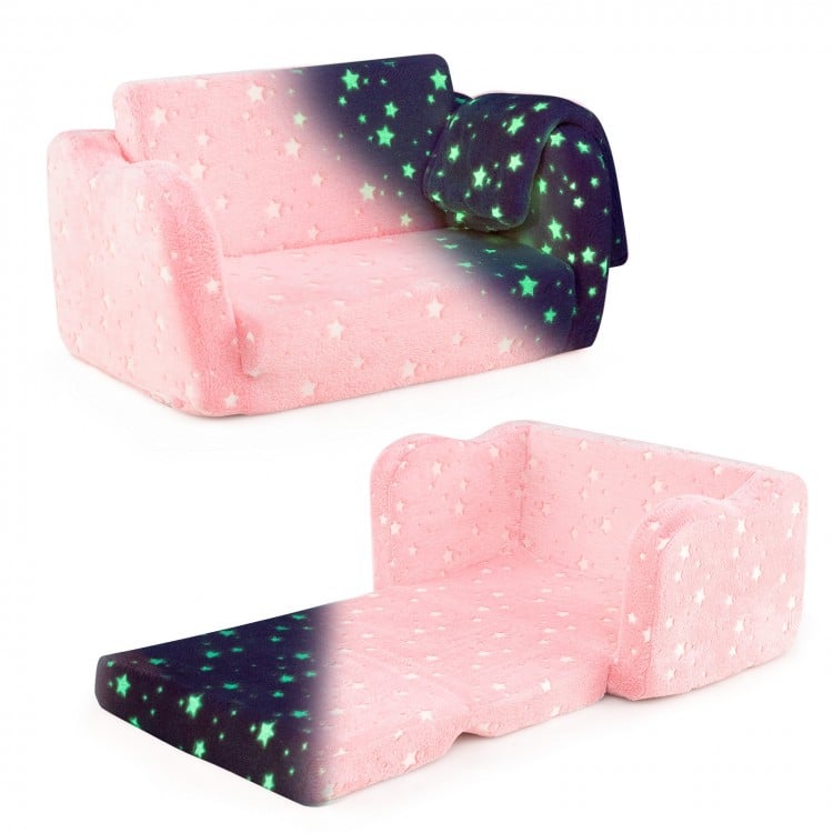 2-in-1 folding kids couch in pink with glow-in-the-dark blanket, converts from sofa to lounger for cozy playtime.