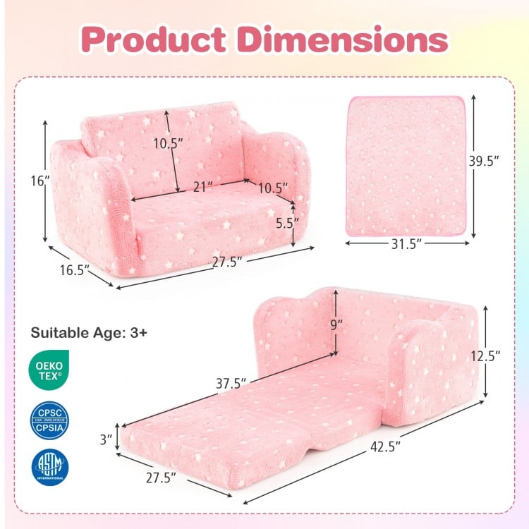 2-in-1 folding kids couch in pink with blanket, showing dimensions for sofa and lounger, ideal for reading and napping.