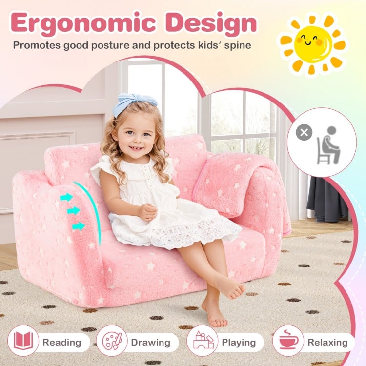 Cozy pink 2-in-1 folding kids couch with blanket, ergonomic design for good posture, perfect for reading and relaxing.