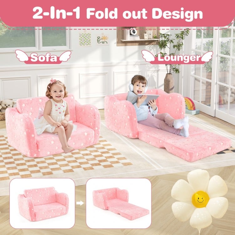 2-in-1 folding kids couch in pink, converts from sofa to lounger, features soft flannel fabric and glow-in-the-dark.
