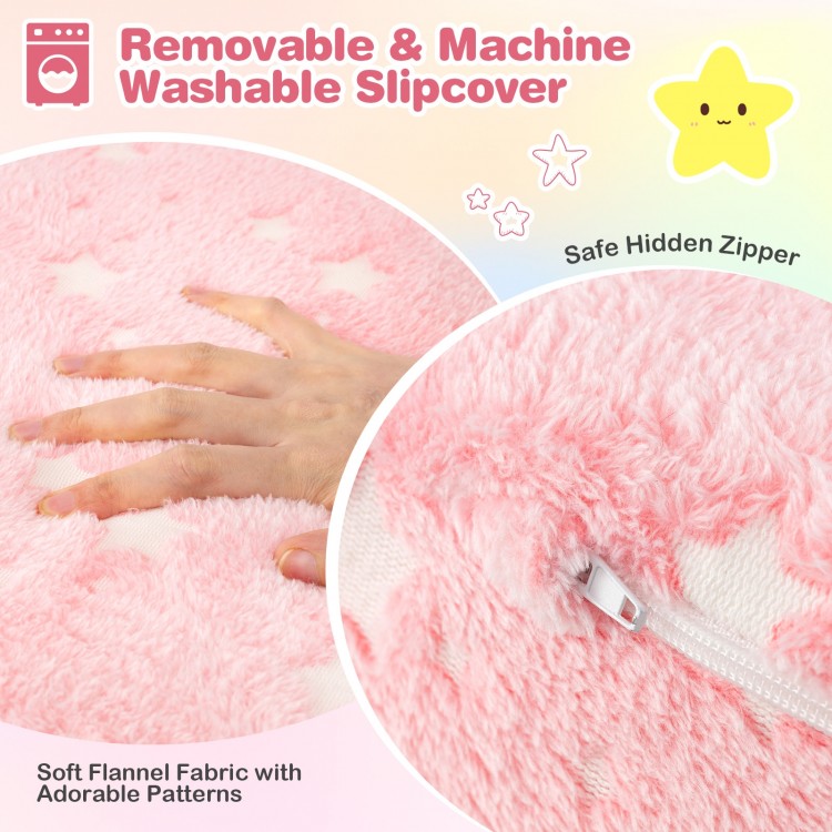 Close-up of the soft flannel fabric and hidden zipper of the pink 2-in-1 folding kids couch with blanket.