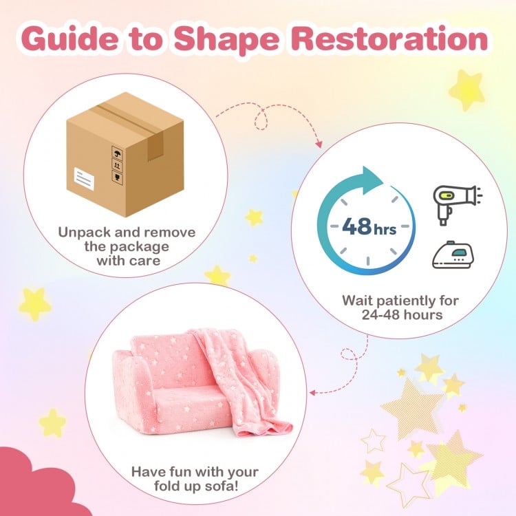 2-in-1 folding kids couch in pink with blanket, ergonomic design, glows in the dark, perfect for playtime and.