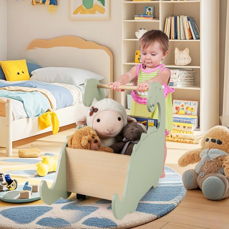 Wooden baby push walker in green with pine wood handle, designed as a dinosaur shape for toddlers' storage and walking.