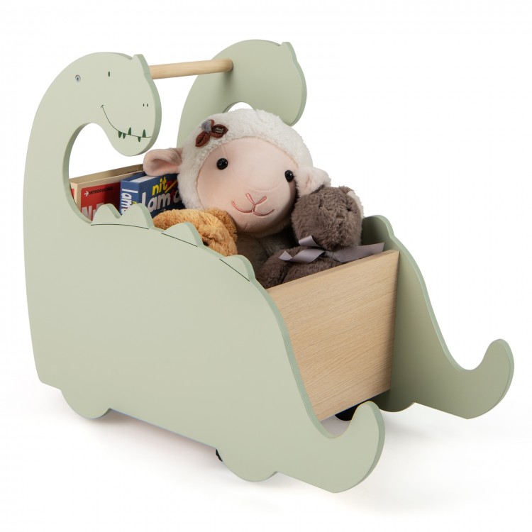 Dinosaur-shaped baby push walker in green with pine wood handle, doubles as a storage organizer for toddlers.
