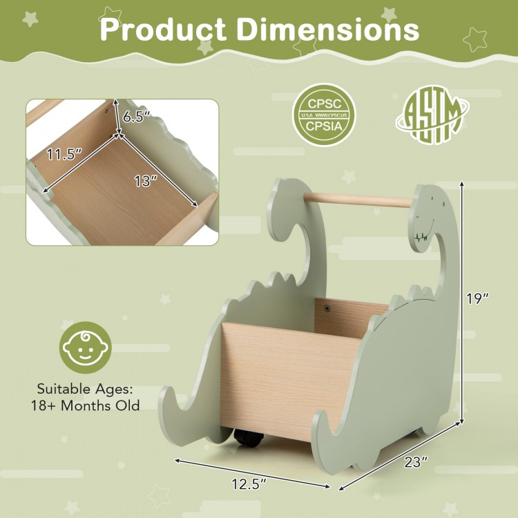 Wooden baby push walker in green with pine wood handle, featuring a cute dinosaur shape and dimensions for toddlers.