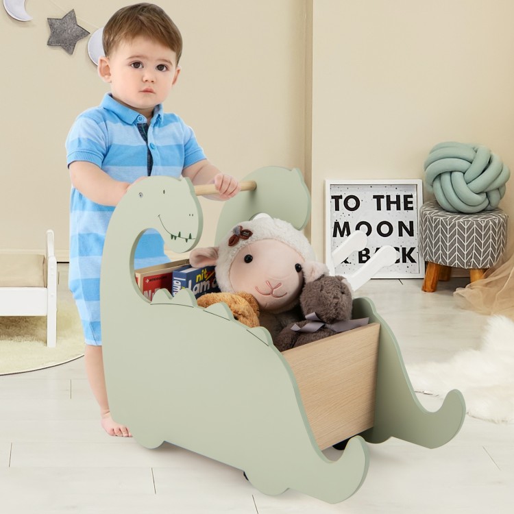 Dinosaur-shaped wooden baby push walker in green with pine wood handle, serving as a storage organizer for toys.