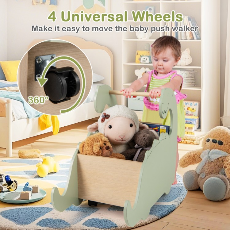 Wooden baby push walker in green with pine wood handle and 4 universal wheels, ideal for toddlers' walking and storage.