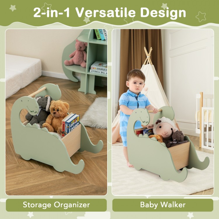 Cute dinosaur-shaped 2-in-1 wooden baby push walker in green, serving as both a storage organizer and walker for.