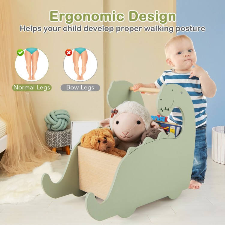 Dinosaur-shaped 2-in-1 wooden baby push walker in green with pine wood handle for toddlers, promotes proper walking.