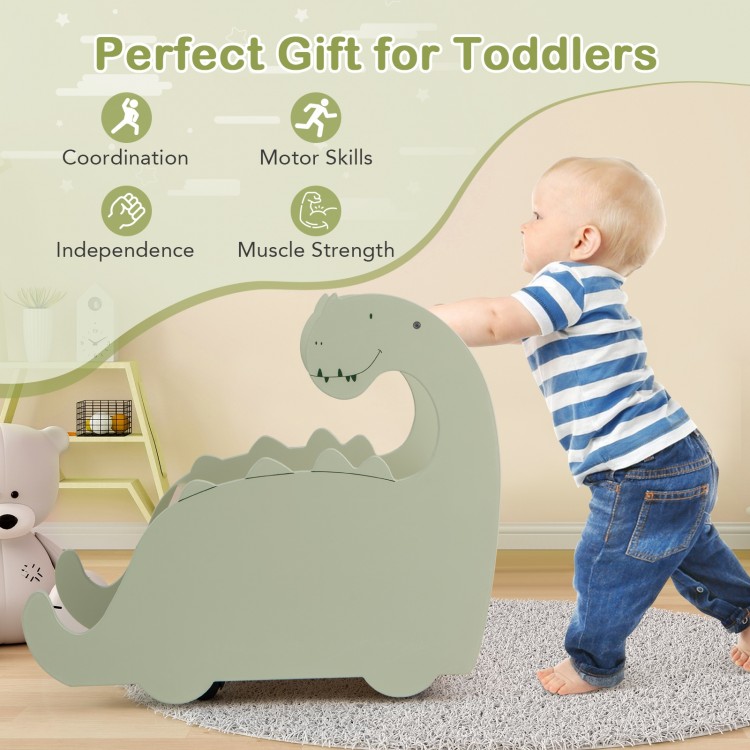 Wooden baby push walker in green with dinosaur design, featuring a pine wood handle for toddlers to develop motor.