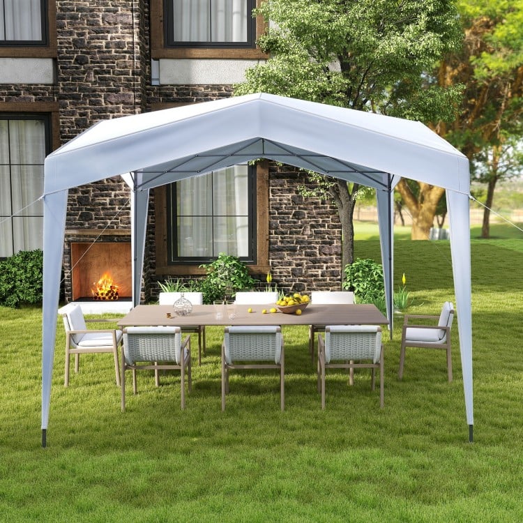 Pop up canopy tent in white with a portable wheeled bag, ideal for outdoor activities and providing UPF50+ sun.