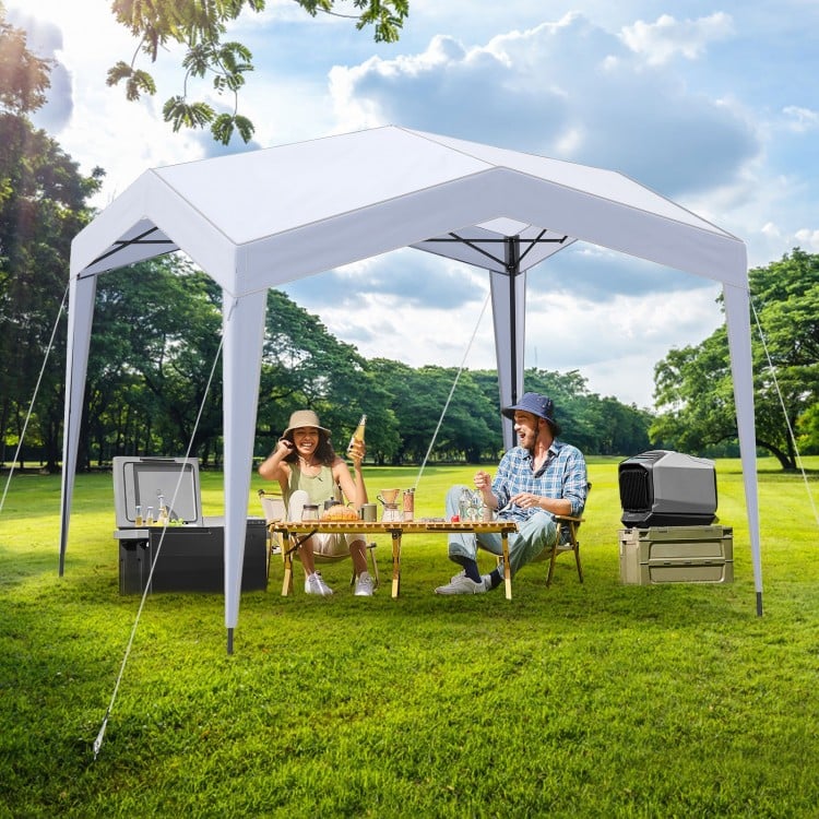 Pop up canopy tent in white, featuring a portable wheeled bag, ideal for outdoor activities and sun protection.