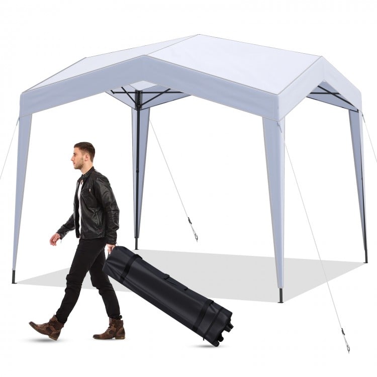 Pop up canopy tent in white with a portable wheeled bag, ideal for outdoor events and easy to transport.