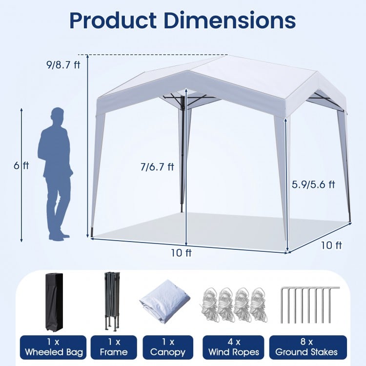 Pop up canopy tent with dimensions 10x10 ft, featuring a white polyester canopy for sun protection and portability.