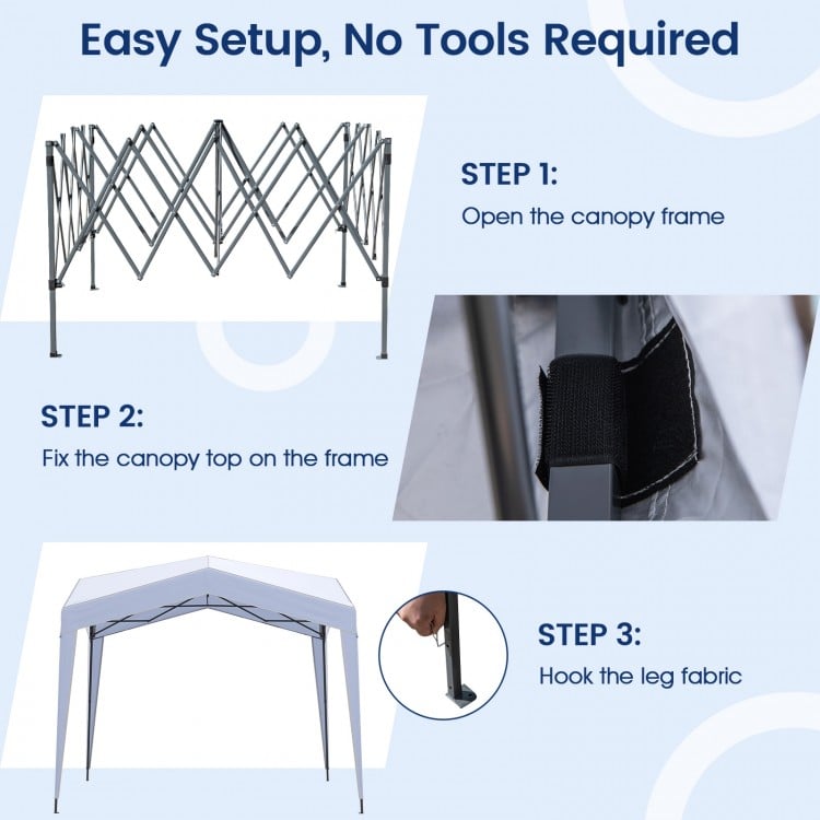 Pop up canopy tent setup steps showing frame assembly, canopy attachment, and leg hooking for outdoor events.