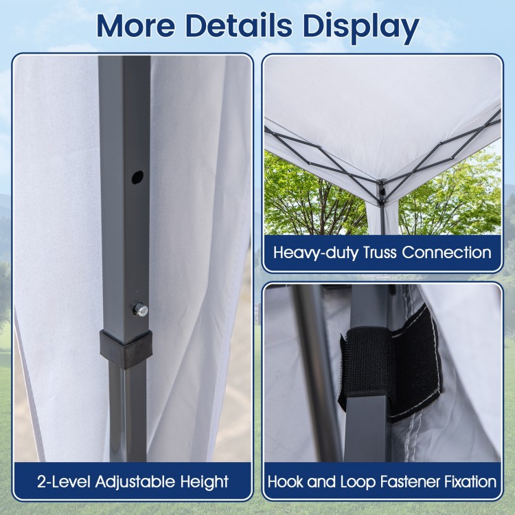 Detail of the pop-up canopy tent showing adjustable height, heavy-duty truss connection, and hook and loop fastener.