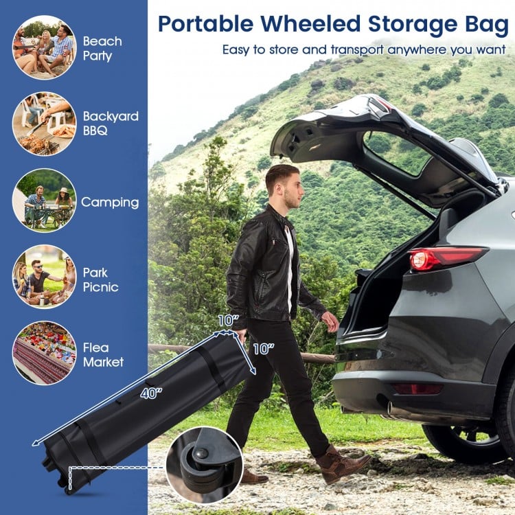 Portable wheeled storage bag for pop-up canopy tent, ideal for outdoor activities like camping and beach outings.
