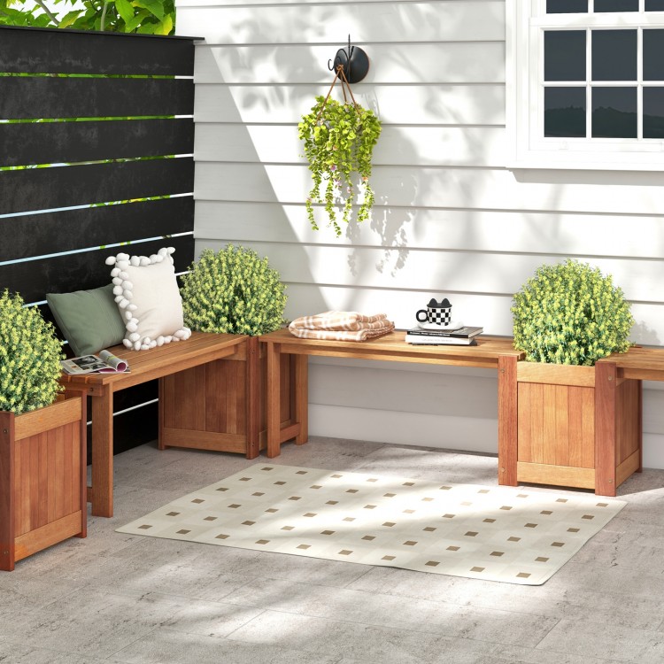 Teak oil finish raised garden bed with built-in bench, perfect for outdoor seating and plant display in gardens or.