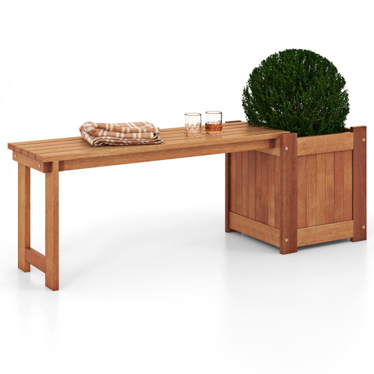 Teak oil finish raised garden bed wood planter box with bench, featuring a spacious slatted seat for comfortable.
